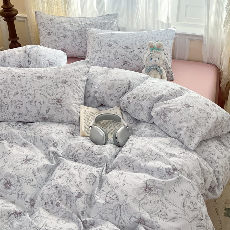 JOLUSERE 100% Organic Cotton Duvet Cover Sets King Size, 3 Pieces Soft Mist White Floral Soft Chic Artistic Bedding Sets