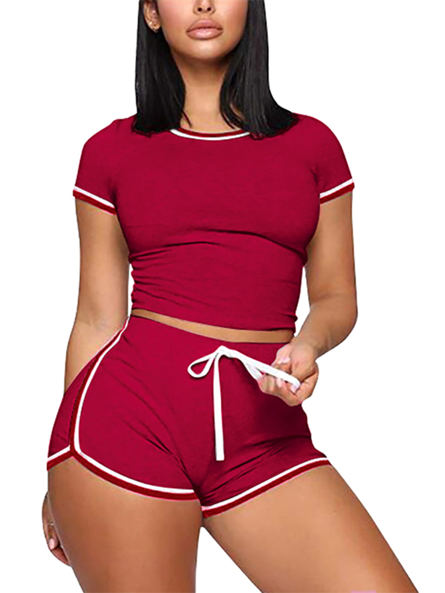 Pudcoco Women's Sexy 2 Pieces Outfit Shorts Sleeve Crop Top Bodycon Shorts  Tracksuit Set S/M/L/XL/XXL - Walmart.com
