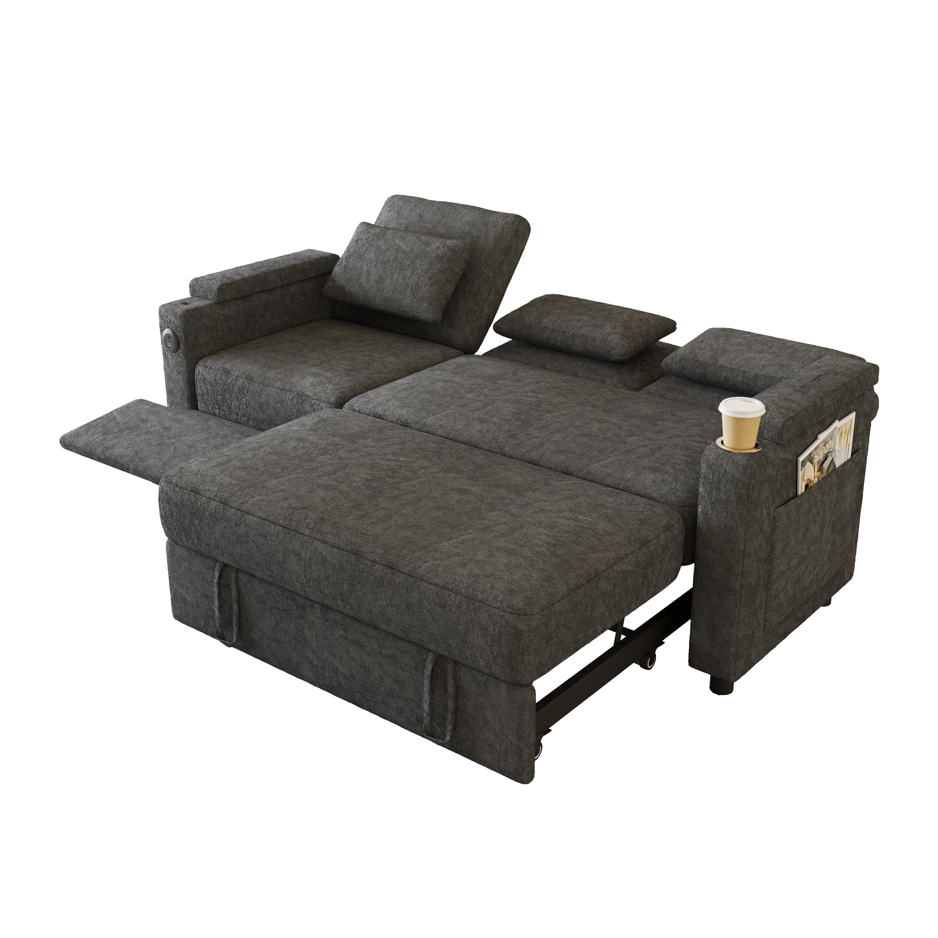 Aukfa 83" Convertible Sofa Bed, Chenille 3-Seater Pull-Out Sleeper Couch with Recliner, USB Port, Swivel Table & Storage Armrests,Gray