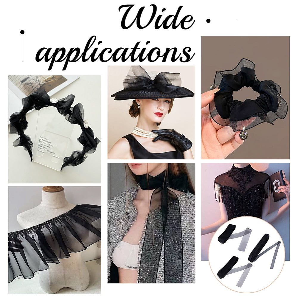 3 Rolls 3 Styles Elastic Polyester Deco Mesh Ribbons for Hat Decoration Skirts Decoration Making Black 1~3 inch(25~75mm) 1roll/style