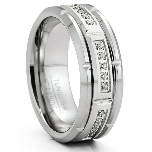 Metal Masters Mens Tungsten Carbide Brick Design Wedding Band Engagement Ring Cubic Zirconia Comfort-Fit 8mm Silvertone