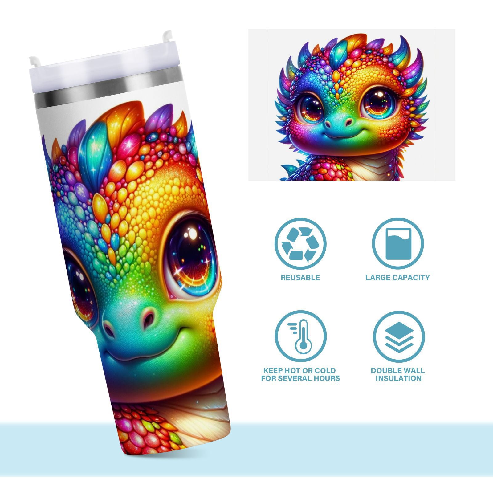 JSTEL Cute Rainbow Baby Dragon 30 oz Tumbler Stainless Steel Water Bottle Vacuum Insulated Cup with Straw Lid & Handle For Travel Car Cup Holder