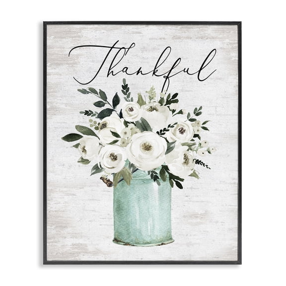 Stupell Industries Shabby Chic Thankful Phrase White Ranunculus Floral Bouquet Milk Tin Black Framed Giclee Art, 11 x 14, by Lettered and Lined