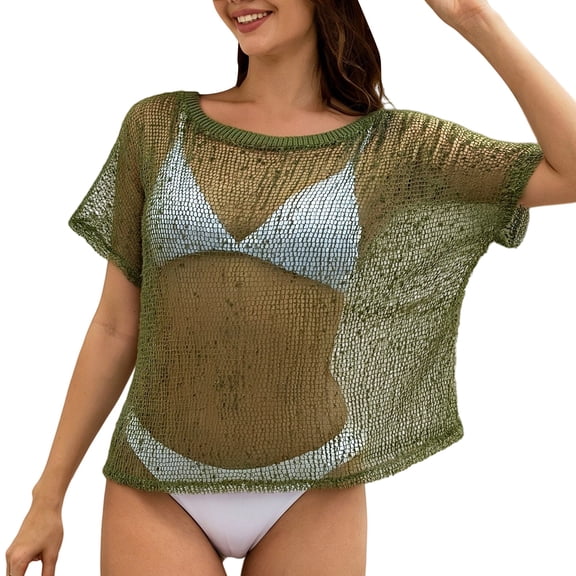 Vinsonshop Womens Crochet Tops Short Sleeve Knit Sweater Hollow Out Mesh Shirt Casual Beach Cover Up Summer Sheer Bathing Suit Pullover Vacation Tunic Blouses Dark Green L