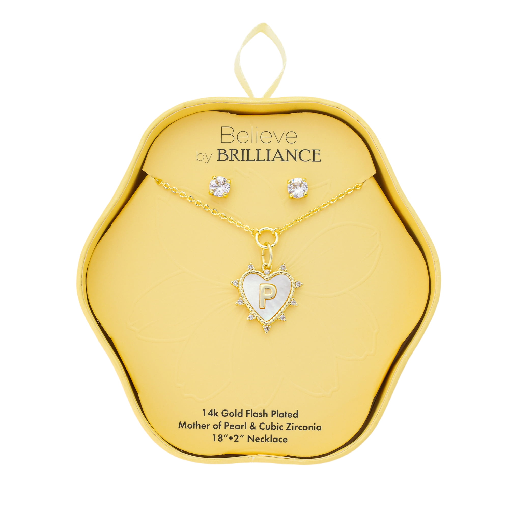 Believe by Brilliance Women's 14Kt Gold Flash Plated Mother of Pearl and Cubic Zirconia Heart "P" Necklace and Earring Set