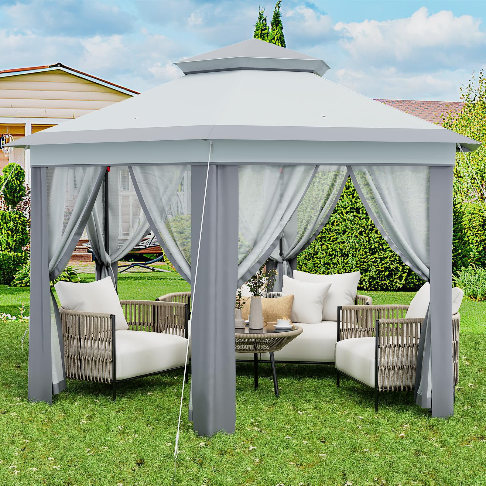 TROPOW Gazebos for Gardens,All Seasons Gazebos,with Adjustable Heights,Outdoor Gazebo for Backyard & Patio Furniture,Pop Up Tent,Gray