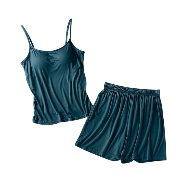 MeetoTime Pajamas for Women Set Summer Solid Color Spaghetti Strap Camisole with Chest Pad Shorts Homewear