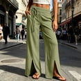 thumbnail image 2 of Womens Solid Color Cotton Tie Detail Elastic Waist Split Front Straight Leg Pants Casual Pocket Slit Hem Long Trousers Green XL(XL), 2 of 6