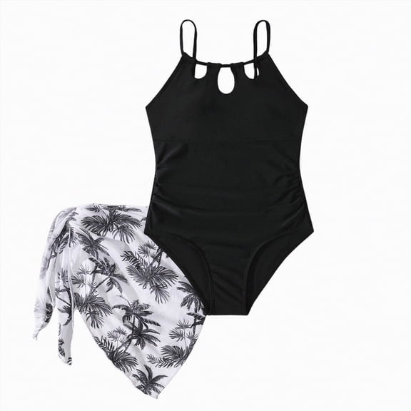 Godom Girls Swimsiut One-Piece Bathing Suit with Mesh Cover Ups Adjustable Straps Cut Out Swimwear Size 7-16,Black