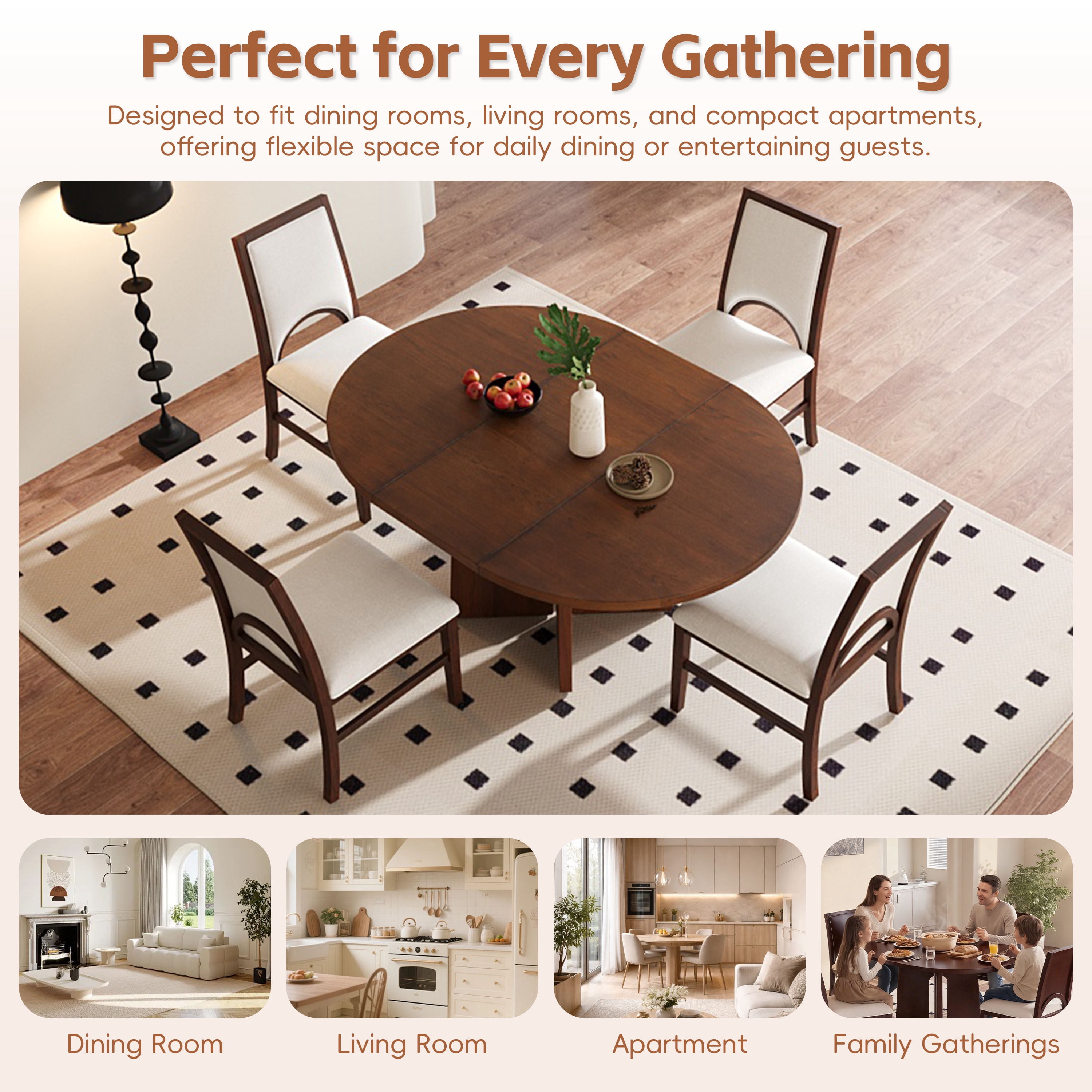 Euroco 5 Piece Wood Round Dining Table Set for 4, 41.3"-57.3" Extendable Kitchen Table Set with 4 Upholstered Chairs & Removable Leaf for Kitchen,Dining Room,Brown
