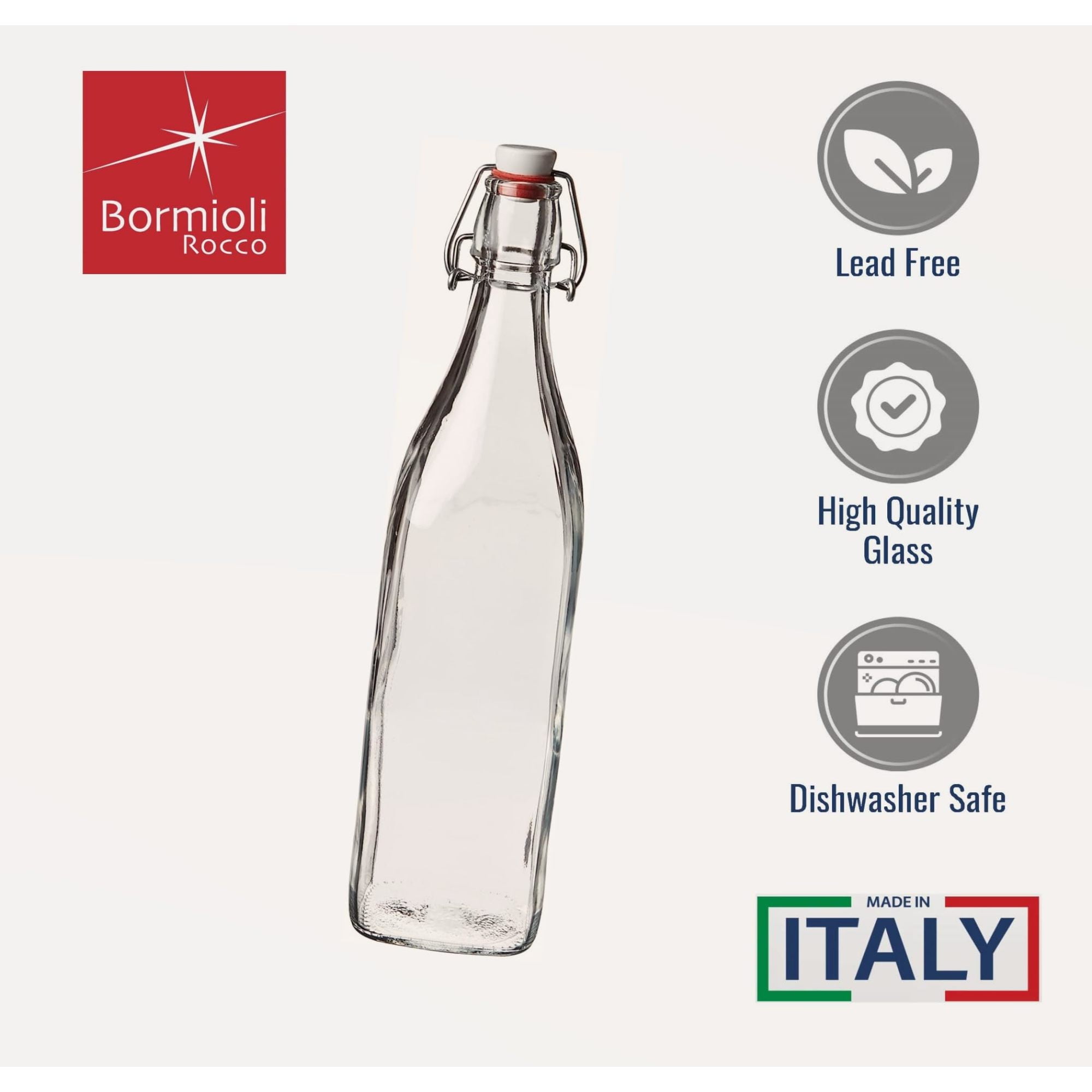 Bormioli Rocco 33.75oz Swing Bottle (Set of 2) - Reusable Glass with Airtight Leakproof Swing Tops, BPA-Free Office Water Bottle, Great for Homemade Syrups, Dressings, Infused Oils, Fresh Juices