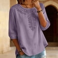 thumbnail image 2 of Vinsonshop Casual Linen Tops for Women Embroidered Linen Tops Lightweight Casual Blouse Blusas De Lino Para Mujer Puff 3/4 Sleeve Linen Shirts Linen Clothing Dark Purple M, 2 of 9