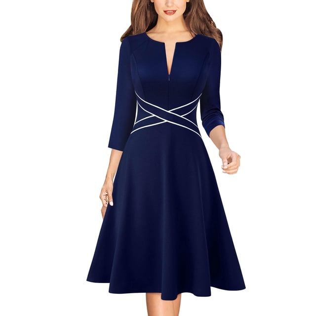 Vestido VFSHOW 2024 para mujer, trabajo de oficina en contraste, línea A, azul marino