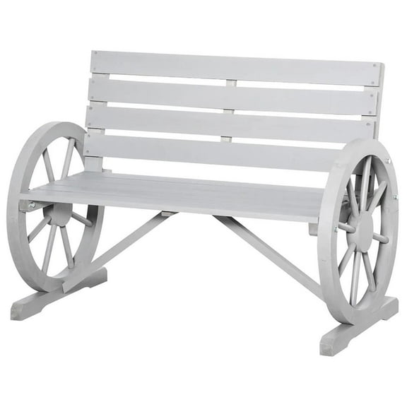 Resenkos Garden Bench, Patio Bench,Wooden Wagon Wheel Bench, 2-Person Slatted Seat Bench with Backrest, Light Gray