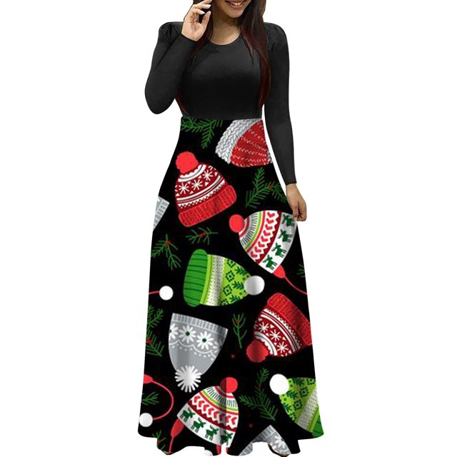Vestidos de Navidad Para Mujer Estampado de Manga Larga Cuello Redondo Vestido Largo Playa Casual Maxi Sundress Odeerbi ODB202969