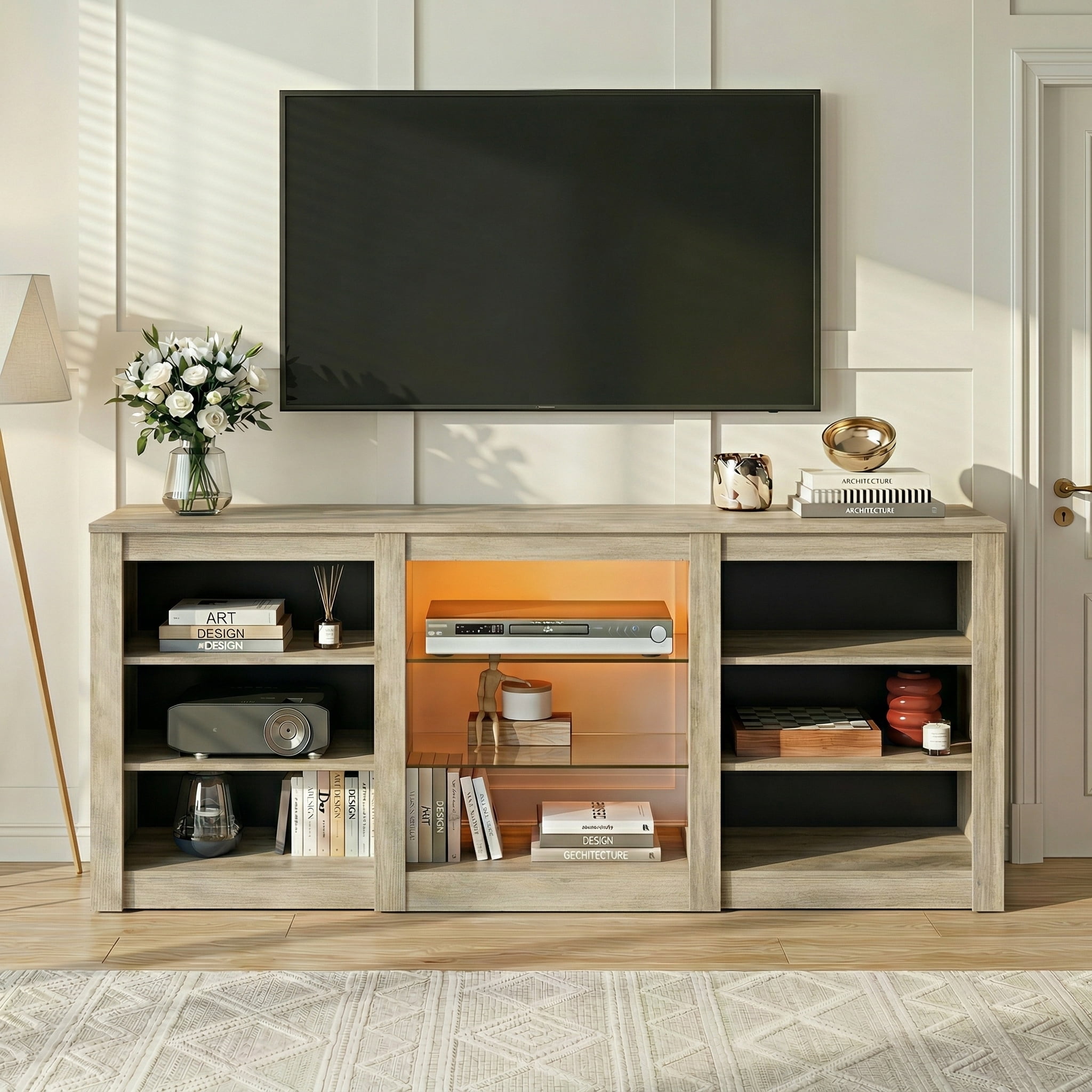 GALAXHERO Modern TV Stand for 65 Inch TV Entertainment Center with Adjustable Open Shelves & LED Lights Sturdy Media Console for Living Room, Bedroom, Gaming Gray Oak