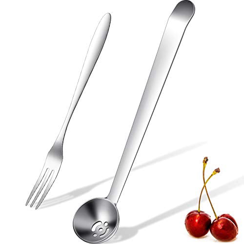 Caper Slotted Spoon 2 Pieces Olive Spoon Strainer Stainless Steel Pickle Forks Set Pick Jar Spoon and Fork Cherry Spoon with Drain Hole Jar Serving Spoon Tools for Onion 