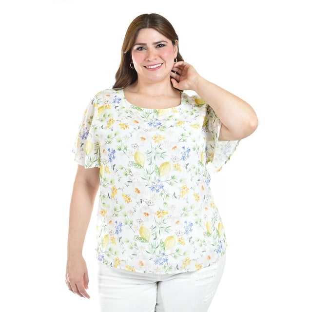 Blusa estampada con moño Roman Fashion /Tallas Extras, 5115 (Amarillo) amarillo 38