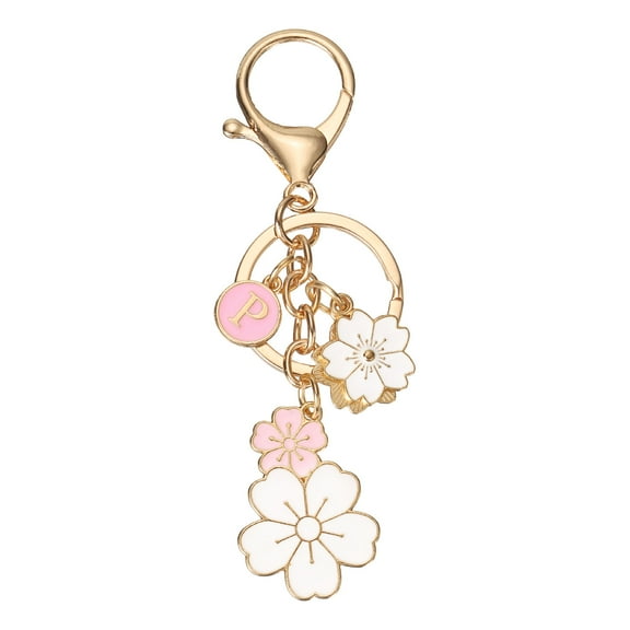 Uxcell Initial Keychain, Flower Charm Letter-P Key Chain Cute Cherry Blossom Letter Keyring for Women Car Keys Handbags Purse Backpack Accessory Gift, Pink