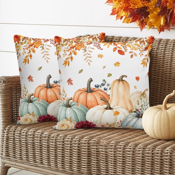 Thanksgiving Pumpkins Outdoor Waterproof Pillow Covers Set of 2, Fall Harvest Orange Teal Maple Leaves Flower Pillowcase Decorative Throw Cushion Cases for Patio Garden Couch 16 x 16 Inches