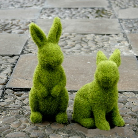Lamuusaa Imitation Moss Rabbit Resin Flocked Sculpture Easter Animal Statue Garden Ornament (Green)
