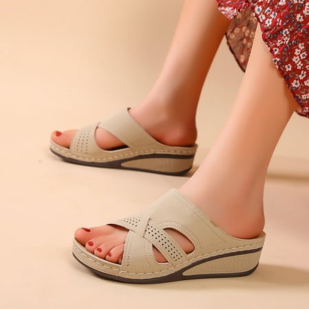 

uikmnh Women Shoes Ladies Fashion Outer Wear Solid Color Large Size Wedge Heel Retro Hollow Sandals Khaki 9