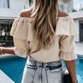 thumbnail image 2 of iHengLiXing Boat Neck Off Shoulder Tops for Women Women Fashion Ruffled Loose Color Short Sleeved Off Shoulder Casual Tops Beige XXL, 2 of 7