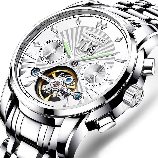 Reloj mecánico totalmente automático para hombre, reloj de acero inoxidable con correa de doble correa, reloj hueco para hombre