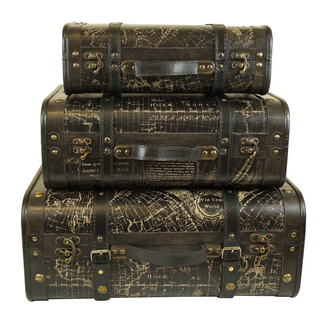Set Of 3 Brown Dark Brown Suitcase Set With Black And Gold Map