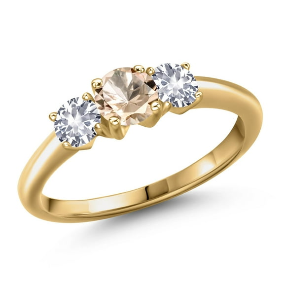 Gem Stone King 18K Yellow Gold Plated Silver Peach Morganite and White Created Sapphire Engagement Ring for Women | 0.90 Cttw | Round 5MM | Gemstone October Birthstone | Size 8