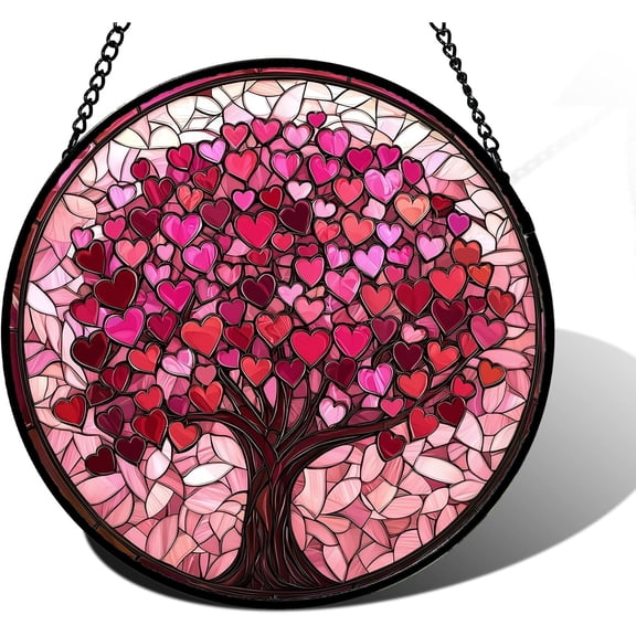 Stained Glass Window Hanging, Birthday Gifts for Women Mom Grandma Nana Wife Couple, Pink Love Tree Suncatcher for Doors Window Home Sun Catchers Gifts Decor, 6.3x6.3in