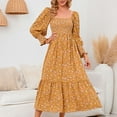 thumbnail image 2 of Yellow Dresses for Women Puff Long Sleeve Printing Floral Pattern Holiday Dress Square Neck Fit And Flare Trendy Vacation Casual Sun Dress Maxi Fashion Daily A-Line Blouse Pleated Swing Hem Dress,XL, 2 of 7