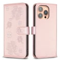 thumbnail image 5 of SaniMore for iPhone 15 Pro Wallet Case, PU Leather Embossed Flower Adjustable Stand Card Slots Cash Pocket Business Shell Styllish Full Protective Shockproof Anti-drop TPU Inner Retro Design, Pink, 5 of 11