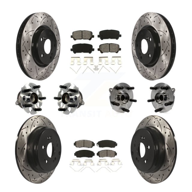 Transit Auto Front Rear Hub Bearings Assembly Coated Disc Brake Rotors and Semi-Metallic Pads Kit (10Pc) for Car 2011-2014 Honda Odyssey - Left Right Side (Driver Passenger) KBB-113579