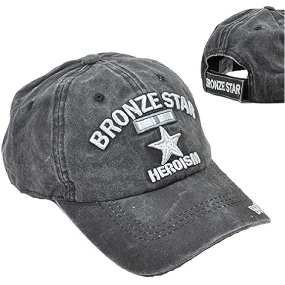 US Military Bronze Star Heroism Pigment Washed Black Adjustable Baseball Hat Cap