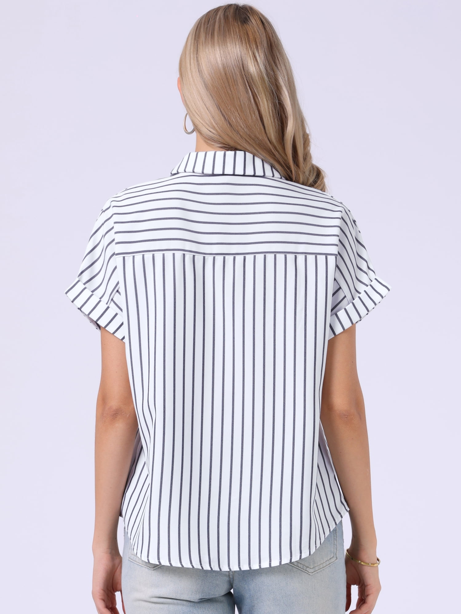 DARING DIVA Women's Short Sleeve Button Down Striped Shirt for Casual Wear XS White