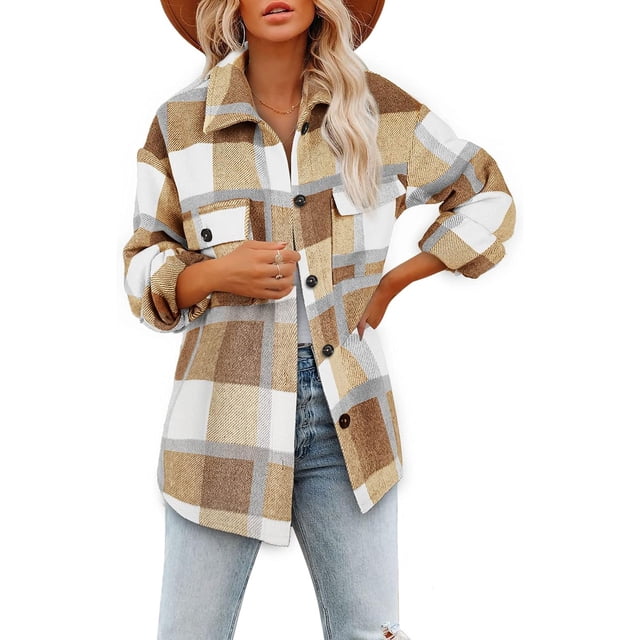Camisas de cuadros cepillados para mujer, chaquetas tipo sobretodo con solapa de franela de manga larga y botones con bolsillos
