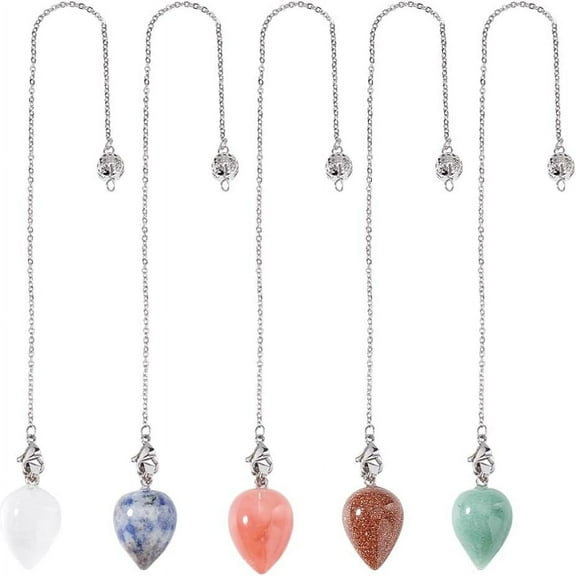 5 Pcs Crystal Pendulum for Divination 5 Styles Natural Synthetic Gemstone Dowsing Pendulum Teardrop Point Pendulums Witchcraft Wiccan Accessories for Meditation Yoga Zen 9inch(23cm)