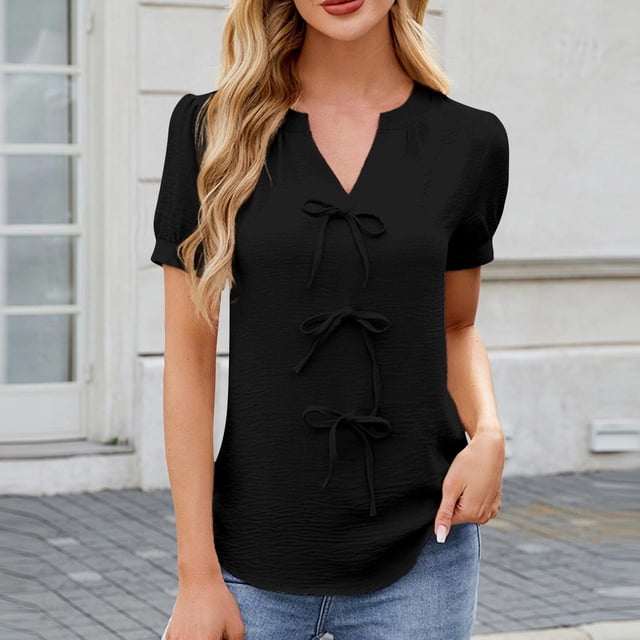 JMKQLZ Nouveau Pull à Manches Courtes Col en V Couleur Unie Mode Décontractée pour Femmes