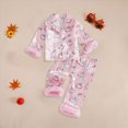 thumbnail image 2 of CAUYDY Toddler Girls Halloween Pajamas Fuzzy Trim Button Down Cute Pumpkin Ghost Print Long Sleeve Shirt Elastic Pants 2 Piece Satin Pajama Set(L101-Red,18-24 M), 2 of 4