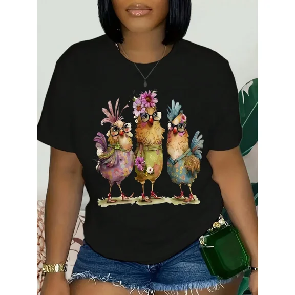 Retro Funny Three Chickens with Glasses and Flowers Graphic Tee - Cute Vintage Farmhouse Style Women's Short Sleeve T-Shirt - Whimsical Country Hen Art Top