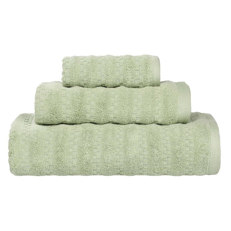 Superior Zuma Waffle Textured Stripes Cotton 3 Piece Towel Set, Zero Twist Absorbent Towels, Green