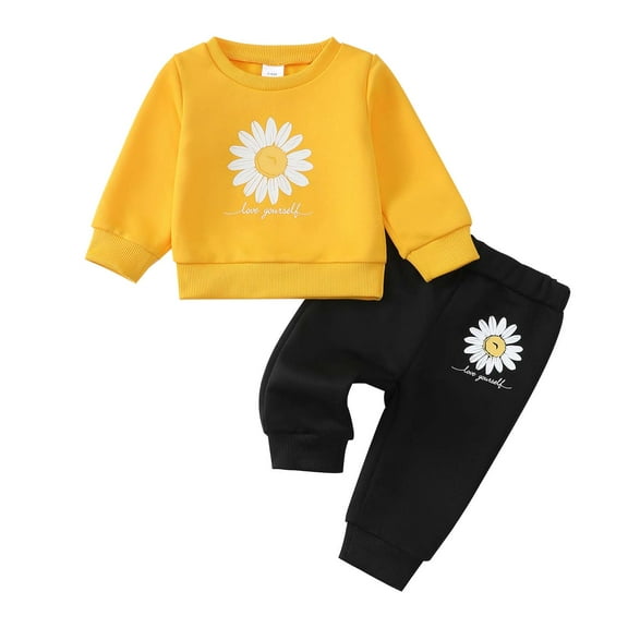Kucnuzki 3 Months Newborn Baby Girls Outfit Set 6 Months Fall Winter Clothes Long Sleeves Floral Pullover Sweatshirt Top Letter Print Top Pants 2pcs Casual Clothing Yellow