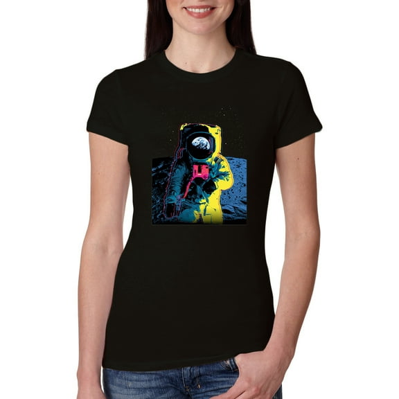 Wild Bobby, Colorful Cosmic Neon Astronaut Lunar Spaceman Moon Galaxy, Fashion, Women Slim Fit Junior Tee, Black, Small