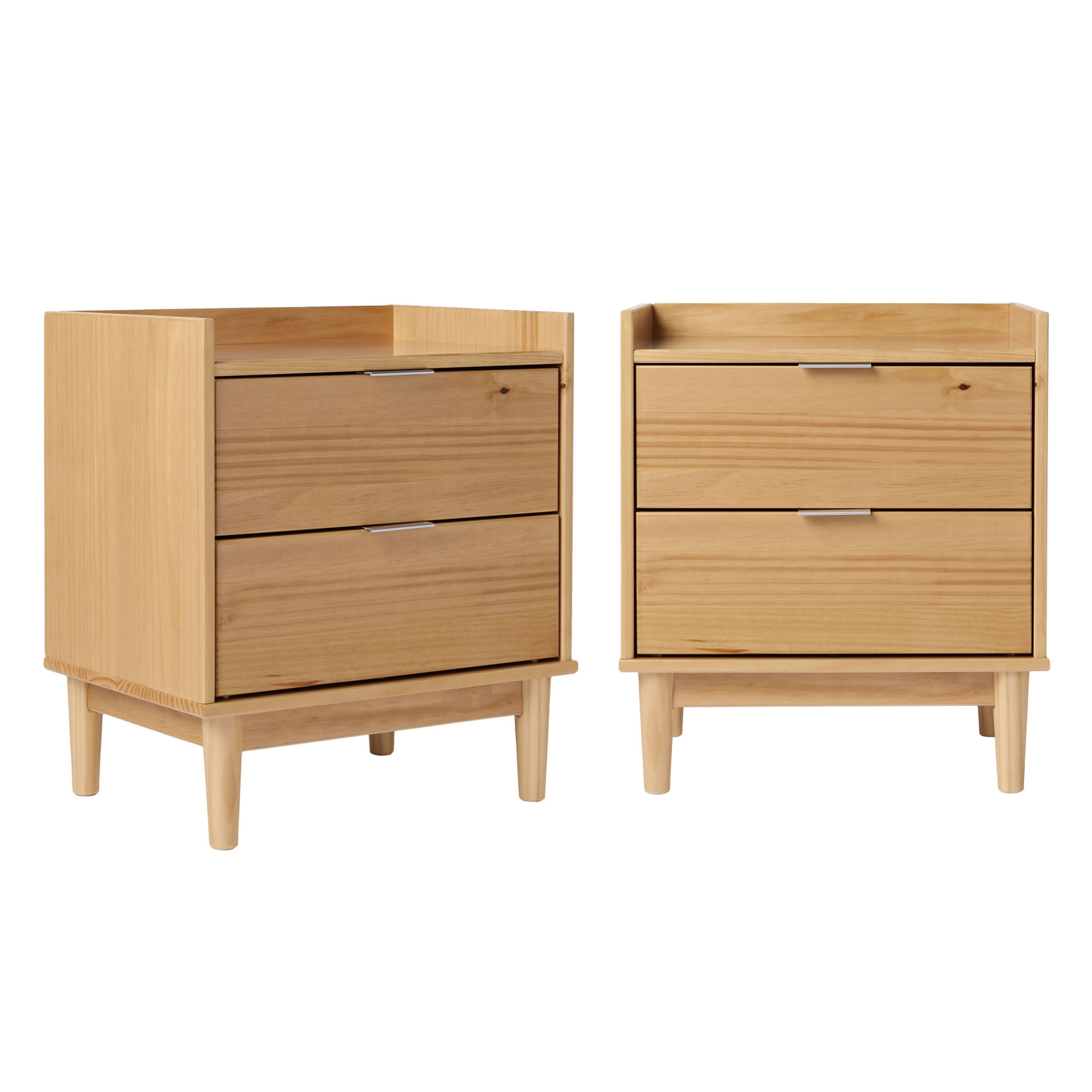 Walker Edison Mid-Century Modern Gallery-Top 2-Drawer Nightstand, 2 Pack, Natural Pine
