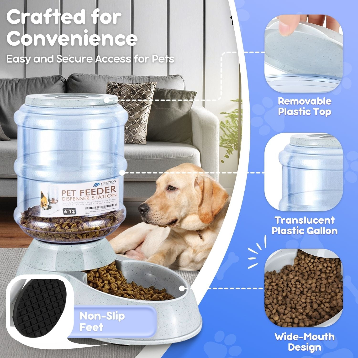 Gravity Dog Feeder, Automatic Replenish Large Dog Food Dispenser, Non-Skid, Easy-Clean, Large Capacity Dry Food Storage Bowl for Large Pet, 3 Gallon
