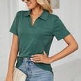 thumbnail image 3 of Women's Dark Green Pure Color Lapel Short Sleeve V-Neck T-Shirt, Ideal for Casual Summer Wear at Home, Office, Shopping, and Outdoor Activities, Size L, 3 of 6
