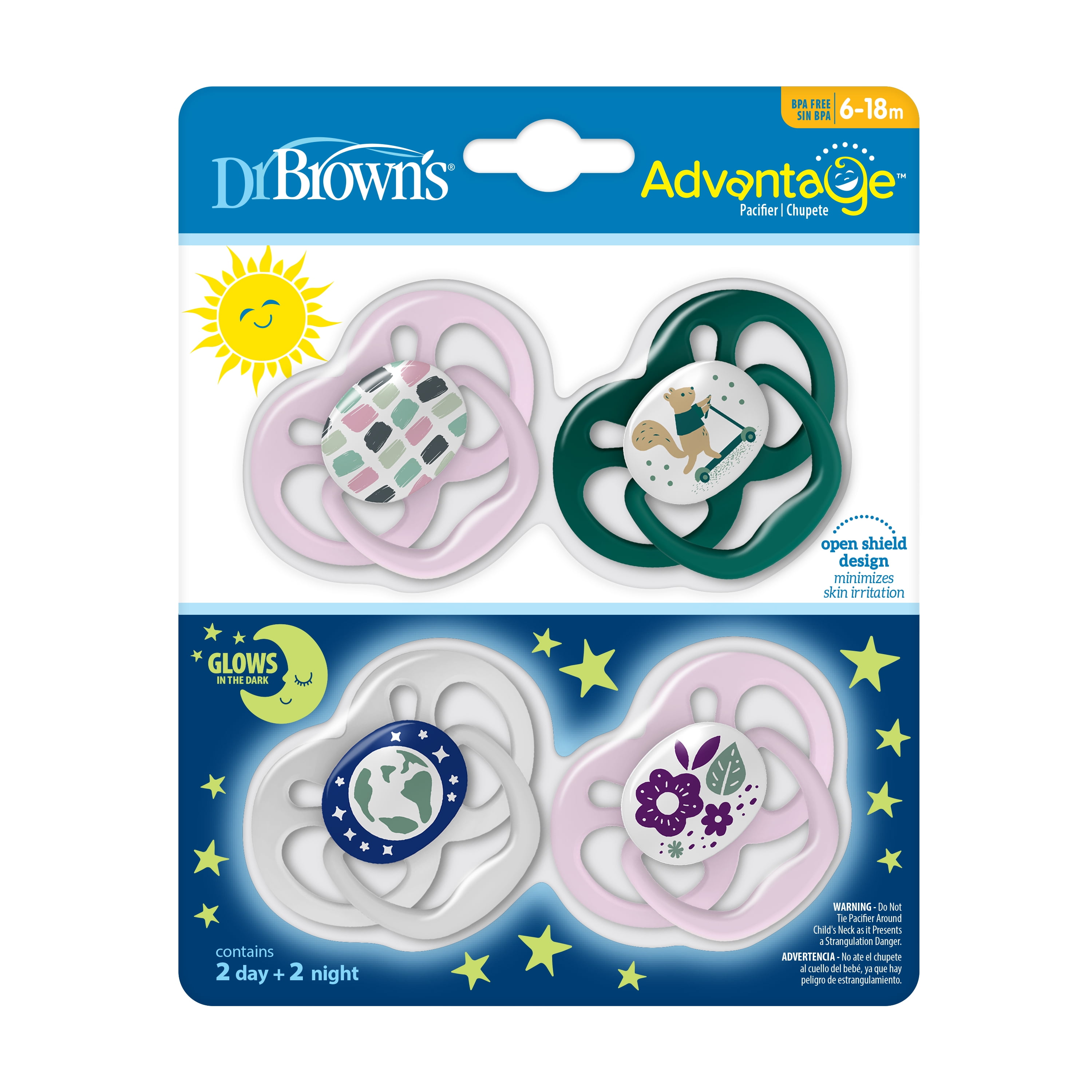 Dr. Brown's Advantage Baby Pacifier, Fully Symmetrical, Silicone Bulb, 6-18m, BPA Free, Squirrel/Glow, 4 Pack