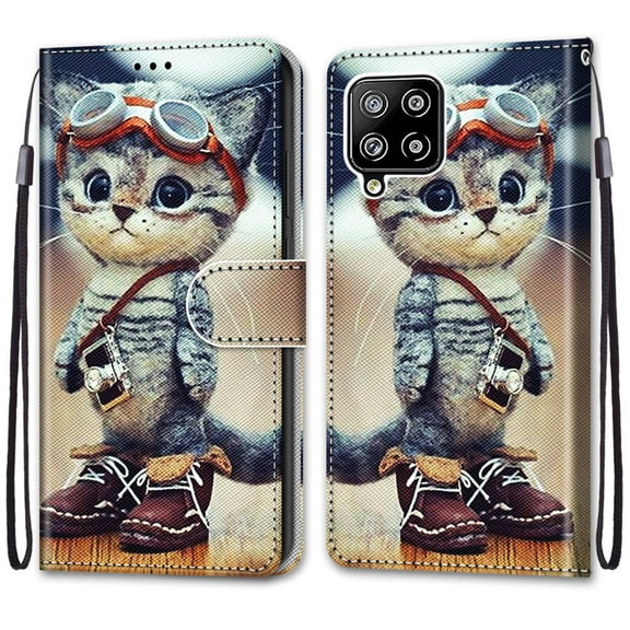 For Samsung A42 Case 5G , Mantto PU Leather Phone Case With Hand Rope Strap Cute Painted Flip Card Wallet Slots Case,Kickstand Phone Skin For Samsung Galaxy A42 5G, Cat