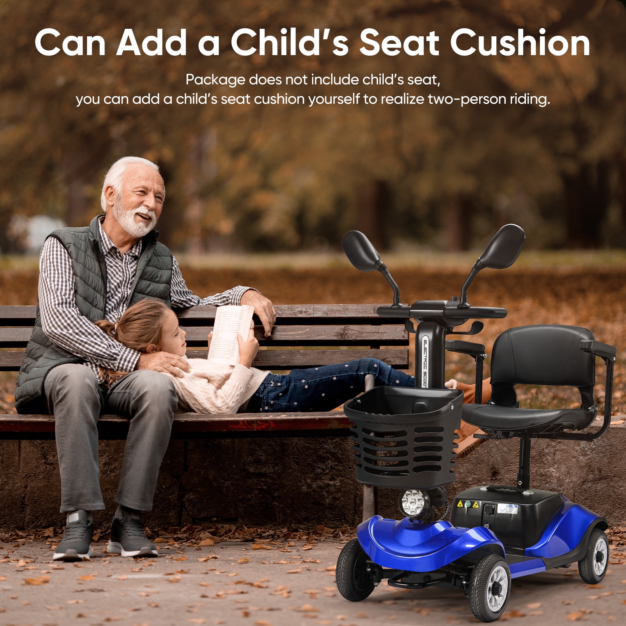 Morrean 4 Wheels Folding Travel Mobility Scooter for Senior, Electirc Wheelchair with Basket for Adults, Blue